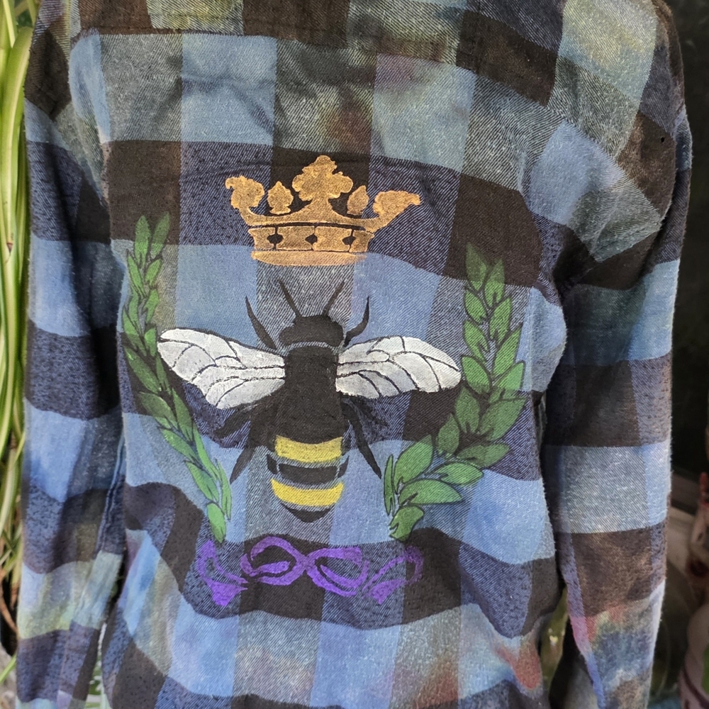Colorful Plaid Button-Up Shirt With Hand Painted Queen Bee